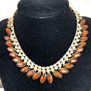Vintage Unsigned Dark Amber Pale Yellow Rhinestone Choker Necklace 50's
